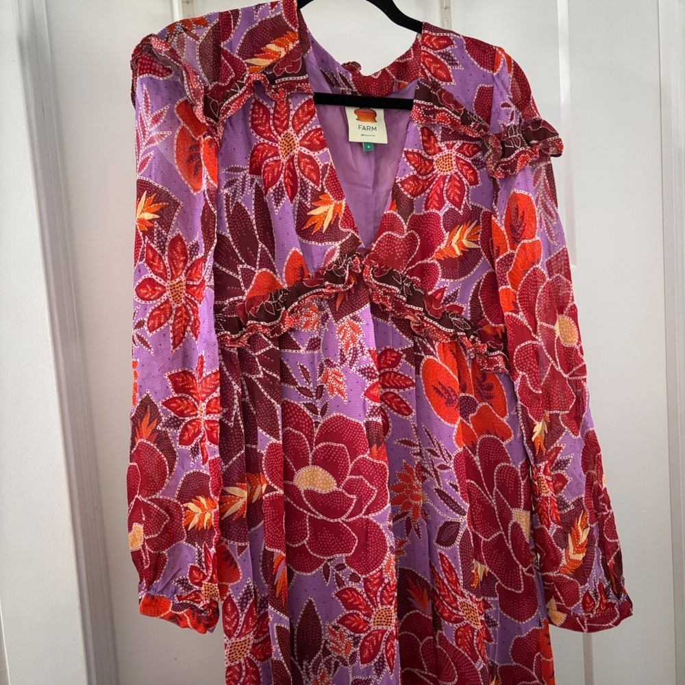 FARM Rio Sweet Floral Maxi Dress Purple Red Long Sleeve Ruffle Womens Small Boho - Picture 2 of 7